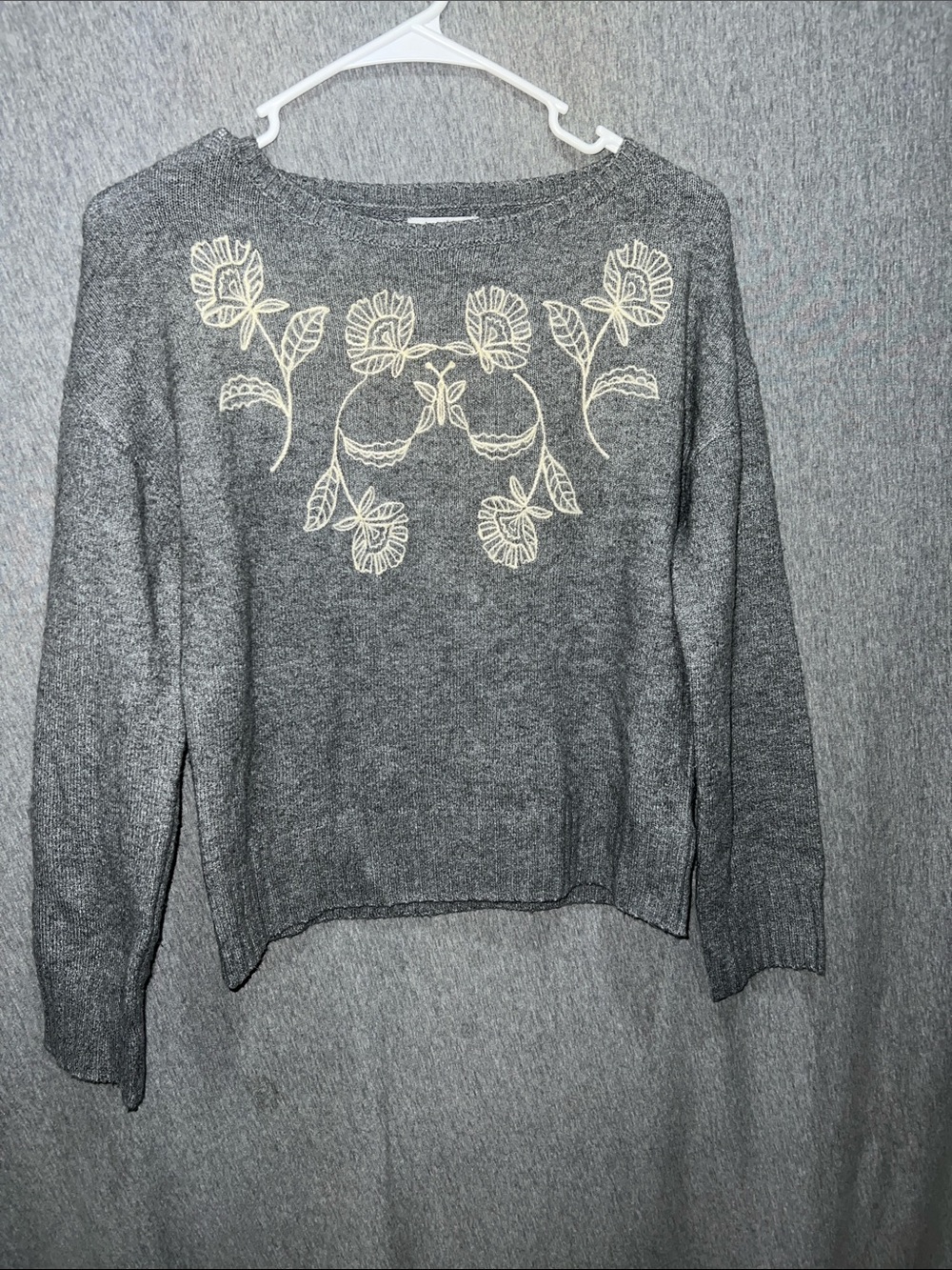 Haute Hippie Gray Crewneck Sweater with Cream Floral Embroidery